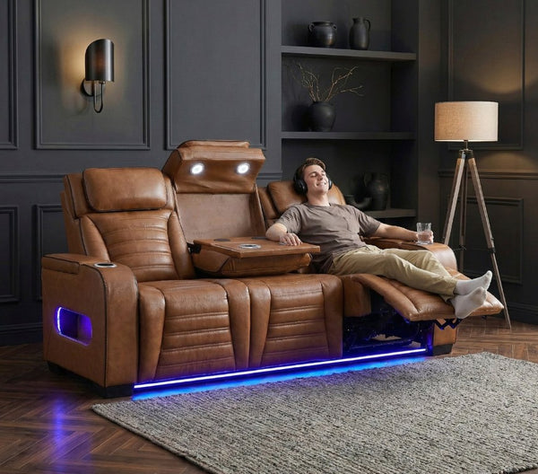 English Elm Power Reclining Sofa with Top Grain Leather Massage Heated Seats and Wireless Charging B011P580809