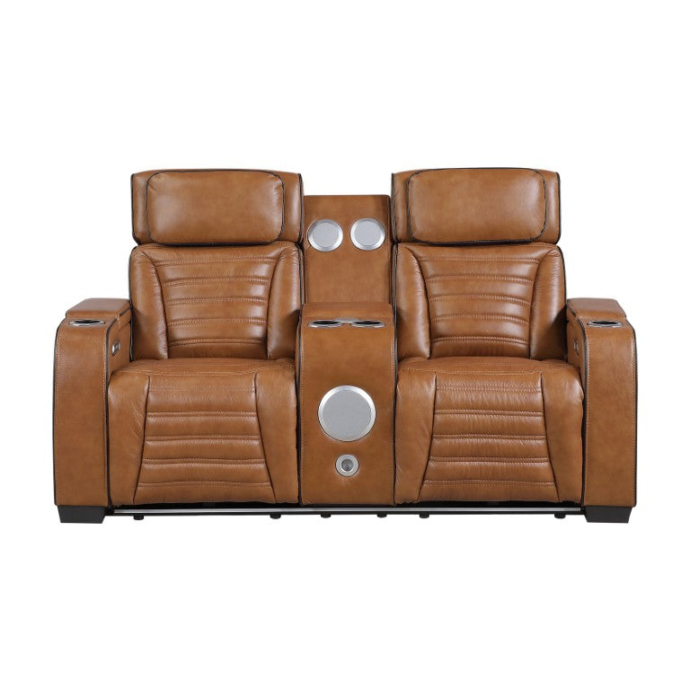 English Elm Power Reclining Loveseat with Top-Grain Leather Massage Heat and Built-In Speakers B011P580810