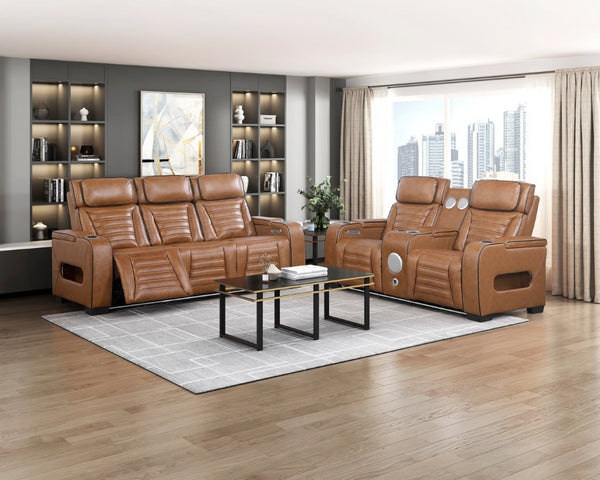 English Elm Power Reclining Loveseat with Top-Grain Leather Massage Heat and Built-In Speakers B011P580810