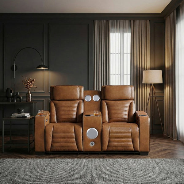 English Elm Power Reclining Loveseat with Top-Grain Leather Massage Heat and Built-In Speakers B011P580810