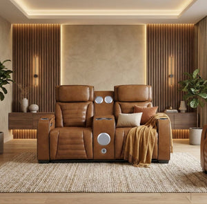 English Elm Power Reclining Loveseat with Top-Grain Leather Massage Heat and Built-In Speakers B011P580810