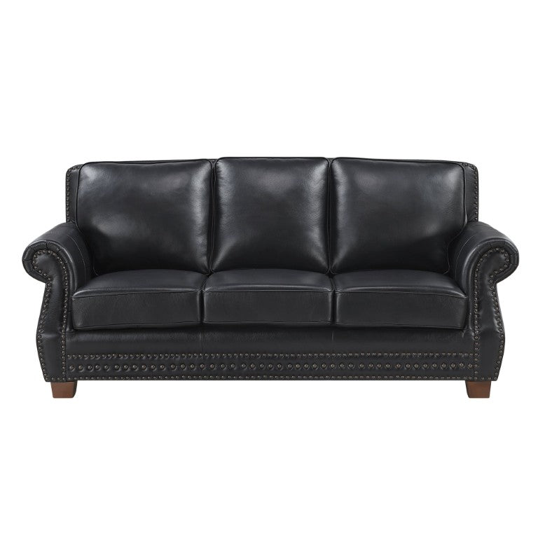 English Elm Sofa Top Grain Leather Rolled Arm Nailhead Trim Classic Formal Living Room Piece B011P580821