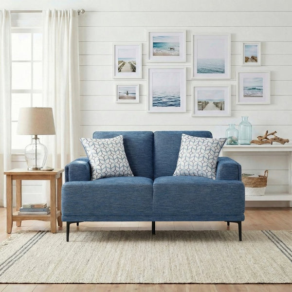 English Elm Love Seat Chenille Upholstered Two Seater with Foam Cushions and Decorative Pillows Blue B011P580829