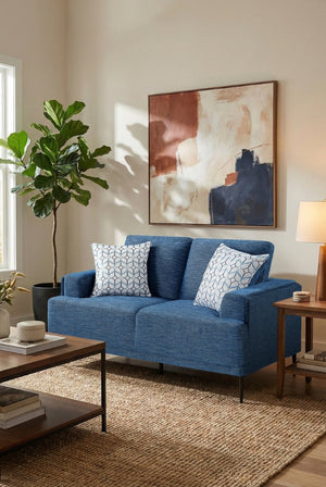 English Elm Love Seat Chenille Upholstered Two Seater with Foam Cushions and Decorative Pillows Blue B011P580829