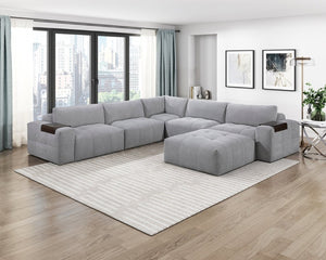 English Elm Right Arm Modular Sectional Chair Tufted Gray Fabric with Built in Wooden Tray B011P580838