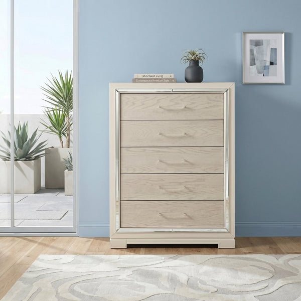 English Elm Modern Glam Tall Five Drawer Chest with Mirror Trim Acrylic Handles Bedroom Storage 5-Drawer Tall Chest B011P580886