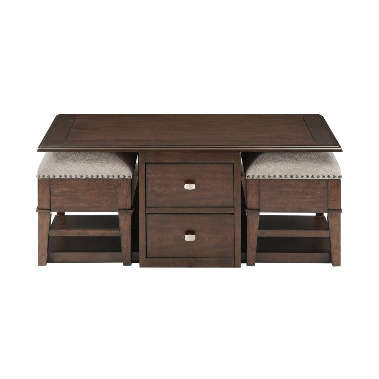 English Elm Cocktail Table Set with Nesting Storage Ottomans Birch Veneer Living Room Classic B011P581543