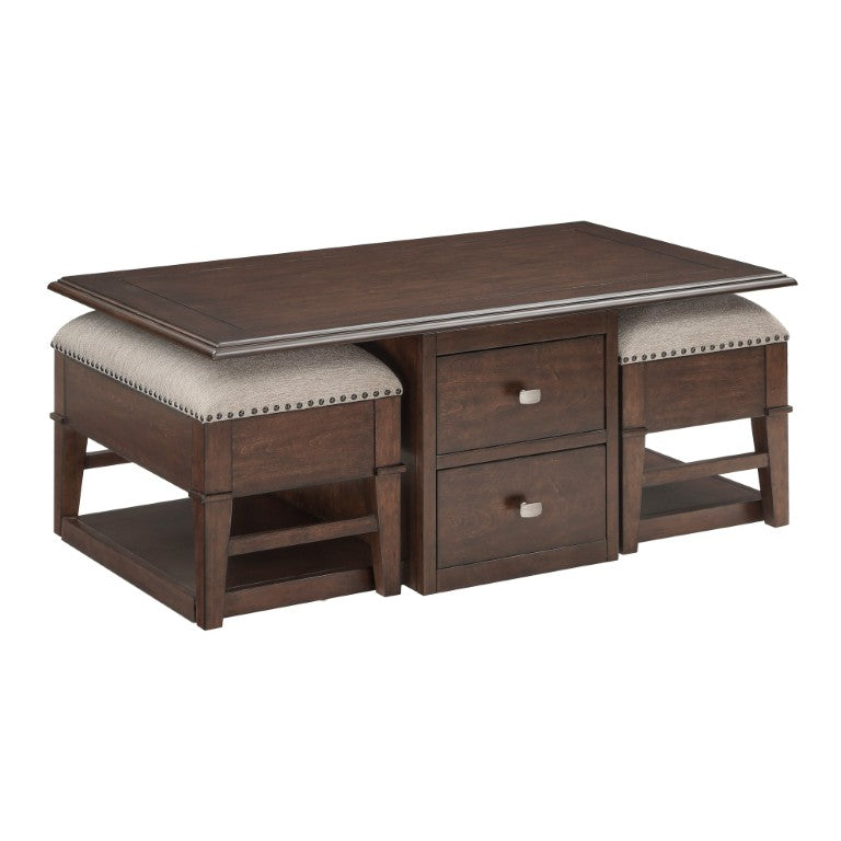English Elm Cocktail Table Set with Nesting Storage Ottomans Birch Veneer Living Room Classic B011P581543