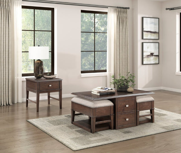 English Elm Cocktail Table Set with Nesting Storage Ottomans Birch Veneer Living Room Classic B011P581543