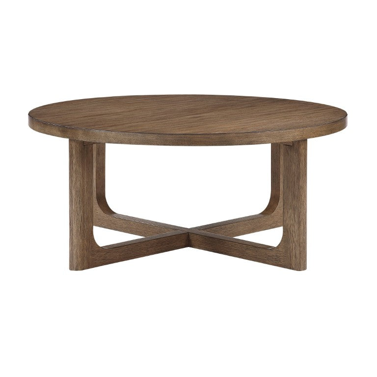 English Elm Cocktail Table with Round Walnut Veneer Top and Sculptural X-Base for Modern Living B011P581547