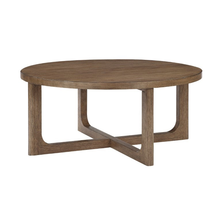 English Elm Cocktail Table with Round Walnut Veneer Top and Sculptural X-Base for Modern Living B011P581547
