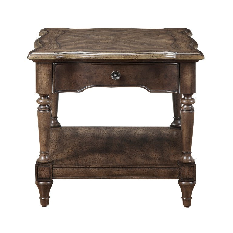 English Elm End Table with Sunburst Oak Veneer Top Turned Legs Drawer and Open Display Shelf B011P581550