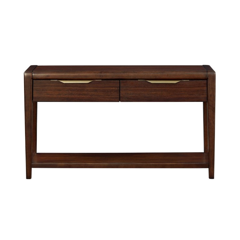 English Elm Sofa Table Mid-Century Walnut Veneer with Brass Pulls Open Shelf Entryway Console B011P581559
