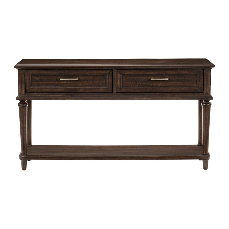 English Elm Sofa Table Rustic Acacia Wood with Distressed Charcoal Finish Two Drawers Open Shelf B011P581574