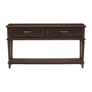 English Elm Sofa Table Rustic Acacia Wood with Distressed Charcoal Finish Two Drawers Open Shelf B011P581574