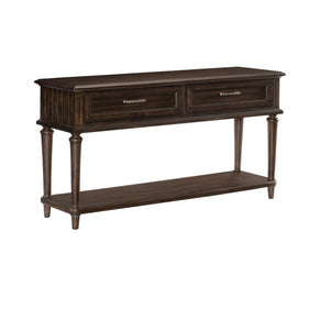 English Elm Sofa Table Rustic Acacia Wood with Distressed Charcoal Finish Two Drawers Open Shelf B011P581574
