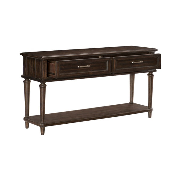 English Elm Sofa Table Rustic Acacia Wood with Distressed Charcoal Finish Two Drawers Open Shelf B011P581574