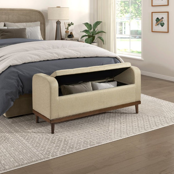 English Elm Storage Bench with Lift Top Compartment Textured Upholstery and Warm Wood Legs Light Brown Solid Wood B011P581578