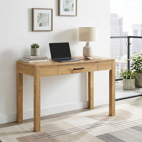 English Elm Writing Desk with Built-In Power Outlet USB Port Drawer and Natural Wood Finish B011P581593