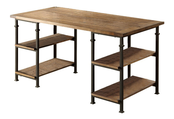English Elm Writing Desk Solid Wood and Iron Frame Industrial Loft Style Home Office with Open Shelves B011P581601