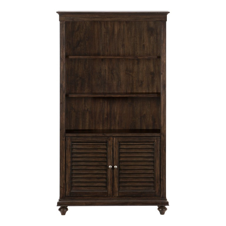 English Elm Bookcase Tall Acacia Veneer Display Cabinet with Textured Charcoal Finish and Pewter Hardware B011P581602