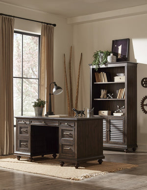 English Elm Bookcase Tall Acacia Veneer Display Cabinet with Textured Charcoal Finish and Pewter Hardware B011P581602