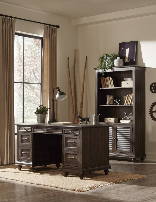 English Elm Bookcase Tall Acacia Veneer Display Cabinet with Textured Charcoal Finish and Pewter Hardware B011P581602