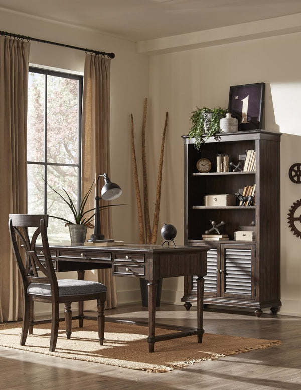 English Elm Bookcase Tall Acacia Veneer Display Cabinet with Textured Charcoal Finish and Pewter Hardware B011P581602