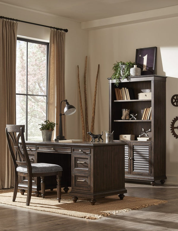 English Elm Bookcase Tall Acacia Veneer Display Cabinet with Textured Charcoal Finish and Pewter Hardware B011P581602