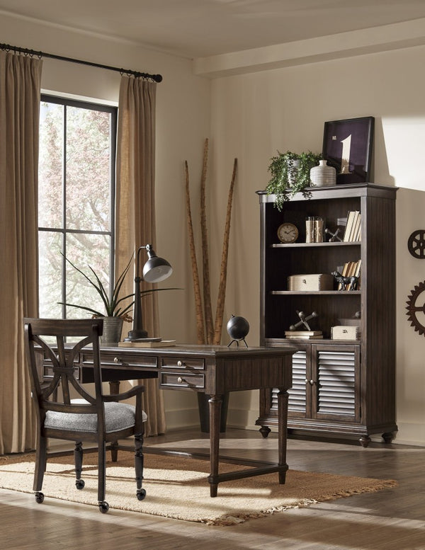 English Elm Bookcase Tall Acacia Veneer Display Cabinet with Textured Charcoal Finish and Pewter Hardware B011P581602