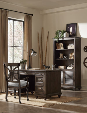 English Elm Bookcase Tall Acacia Veneer Display Cabinet with Textured Charcoal Finish and Pewter Hardware B011P581602
