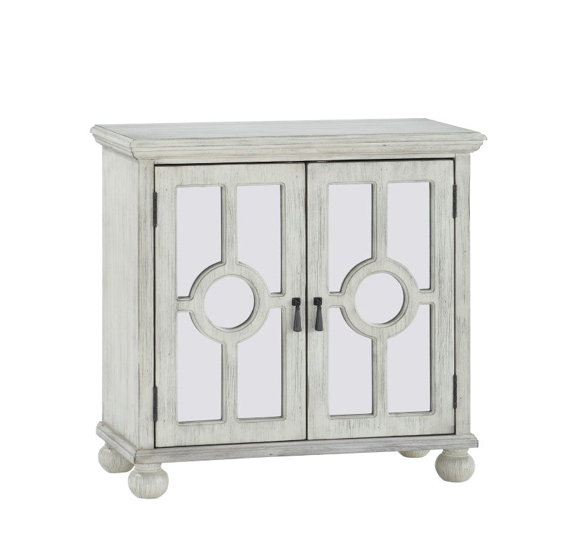 English Elm Accent Chest Antique White Wood Cabinet with Glass Door Inlays and Brass Pulls B011P581604