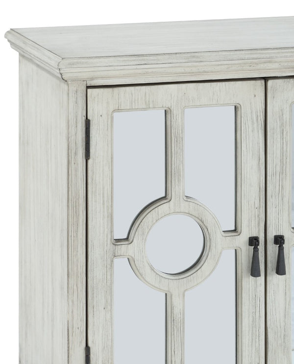 English Elm Accent Chest Antique White Wood Cabinet with Glass Door Inlays and Brass Pulls B011P581604