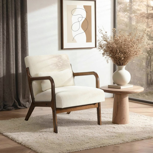 English Elm Accent Armchair Mid-Century Corduroy Upholstered with Rubberwood Frame and Lumbar Pillow B011P581661