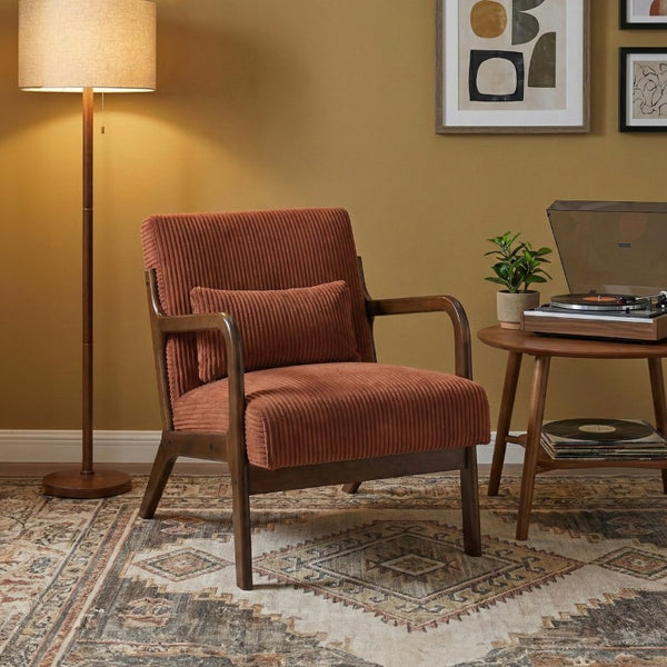 English Elm Accent Armchair Corduroy Upholstered Mid-Century Rubberwood Frame with Lumbar Pillow B011P581662