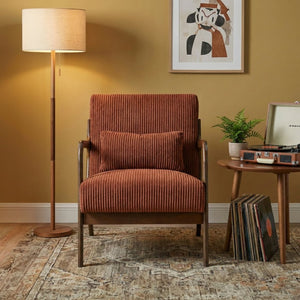 English Elm Accent Armchair Corduroy Upholstered Mid-Century Rubberwood Frame with Lumbar Pillow B011P581662