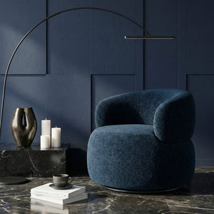 English Elm Swivel Barrel Chair Tufted Upholstered Accent Seat for Living Room Reading Nook Blue Chenille B011P581750