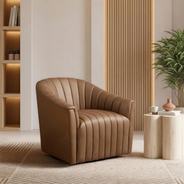 English Elm Swivel Barrel Armchair Top Grain Leather Channel Tufted Mid-Century Living Room Accent B011P581829