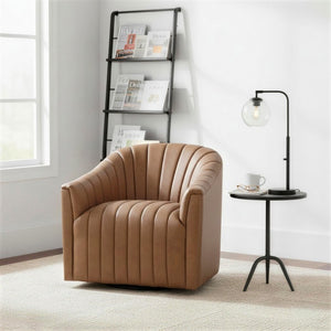 English Elm Swivel Barrel Armchair Top Grain Leather Channel Tufted Mid-Century Living Room Accent B011P581829