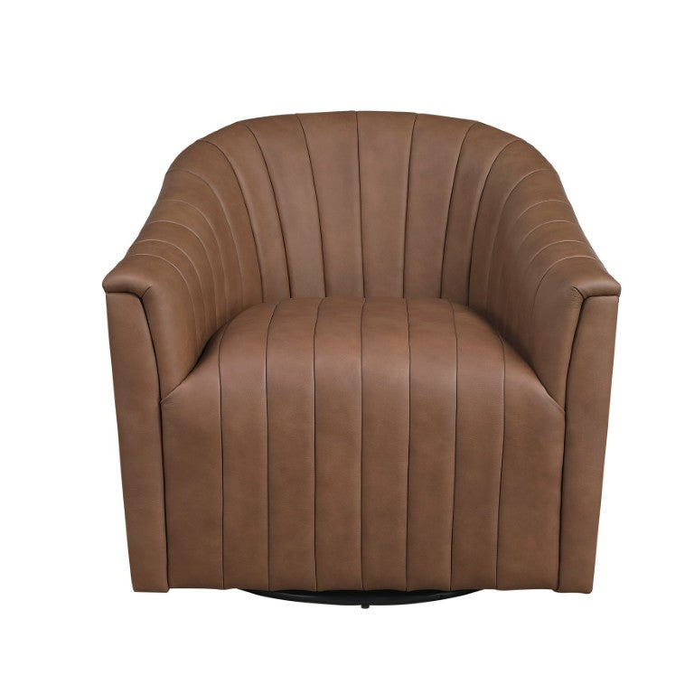 English Elm Swivel Barrel Armchair Top Grain Leather Channel Tufted Mid-Century Living Room Accent B011P581829