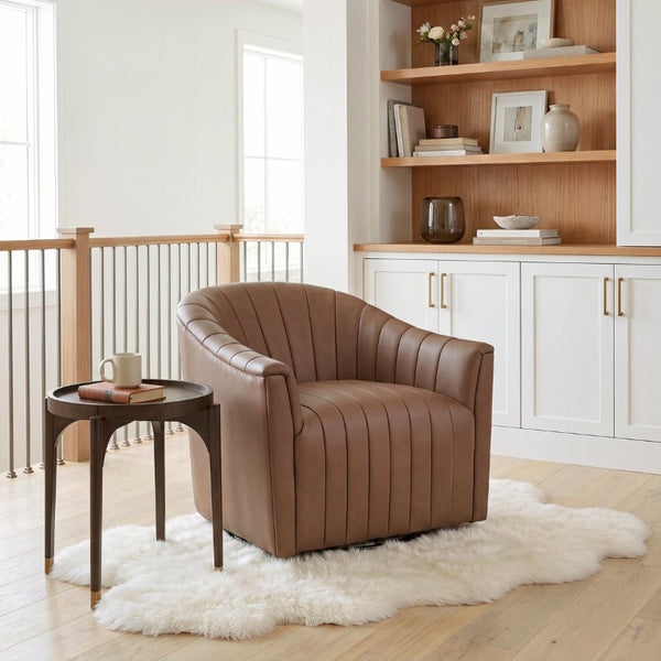 English Elm Swivel Barrel Armchair Top Grain Leather Channel Tufted Mid-Century Living Room Accent B011P581829