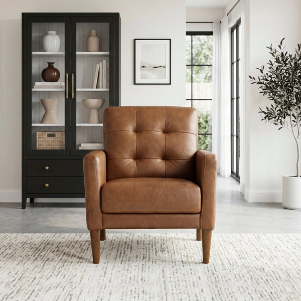 English Elm Accent Armchair Tufted Top Grain Leather Mid Century Modern Living Room Seat B011P581834