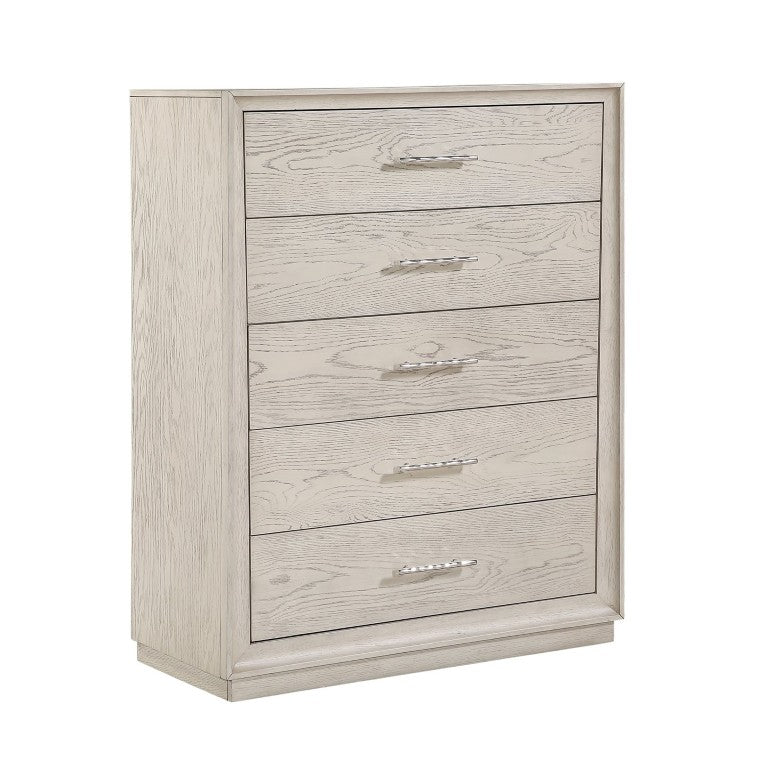 English Elm Modern Five Drawer Vertical Chest in Light Gray Oak Veneer with Nickel Bar Pulls B011P581847