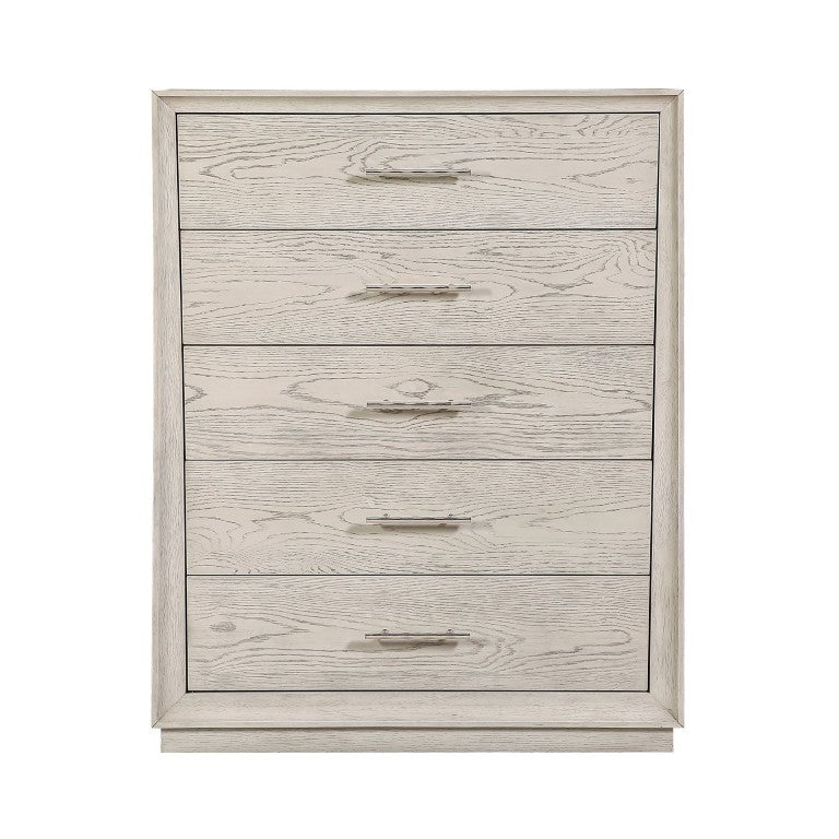 English Elm Modern Five Drawer Vertical Chest in Light Gray Oak Veneer with Nickel Bar Pulls B011P581847