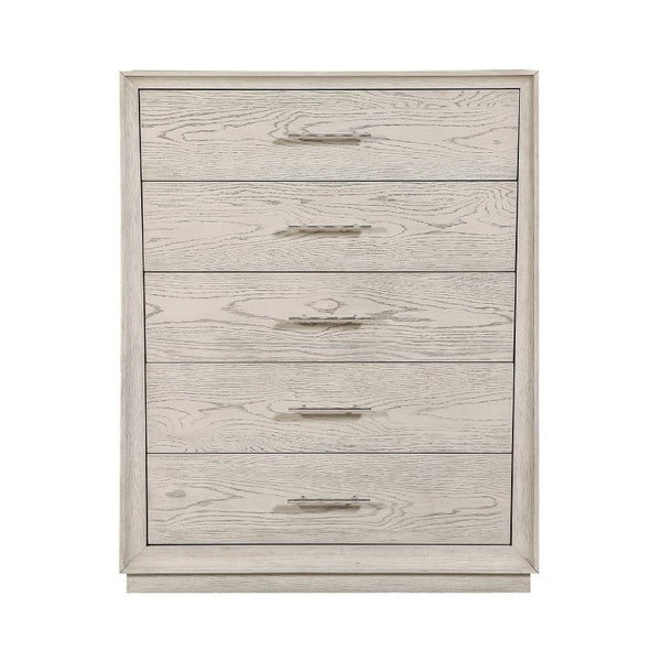 English Elm Modern Five Drawer Vertical Chest in Light Gray Oak Veneer with Nickel Bar Pulls B011P581847