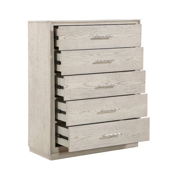 English Elm Modern Five Drawer Vertical Chest in Light Gray Oak Veneer with Nickel Bar Pulls B011P581847