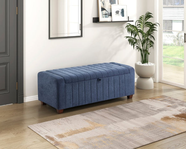 English Elm Storage Bench with Lift Top Compartment Textured Upholstery and Warm Wood Legs Blue Boucle B011P581867
