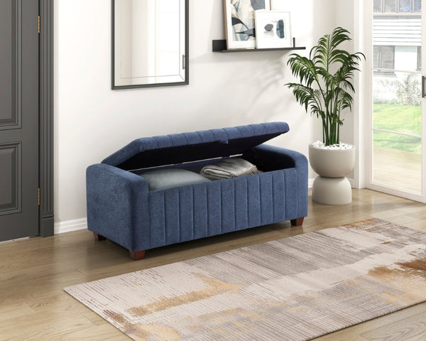 English Elm Storage Bench with Lift Top Compartment Textured Upholstery and Warm Wood Legs Blue Boucle B011P581867