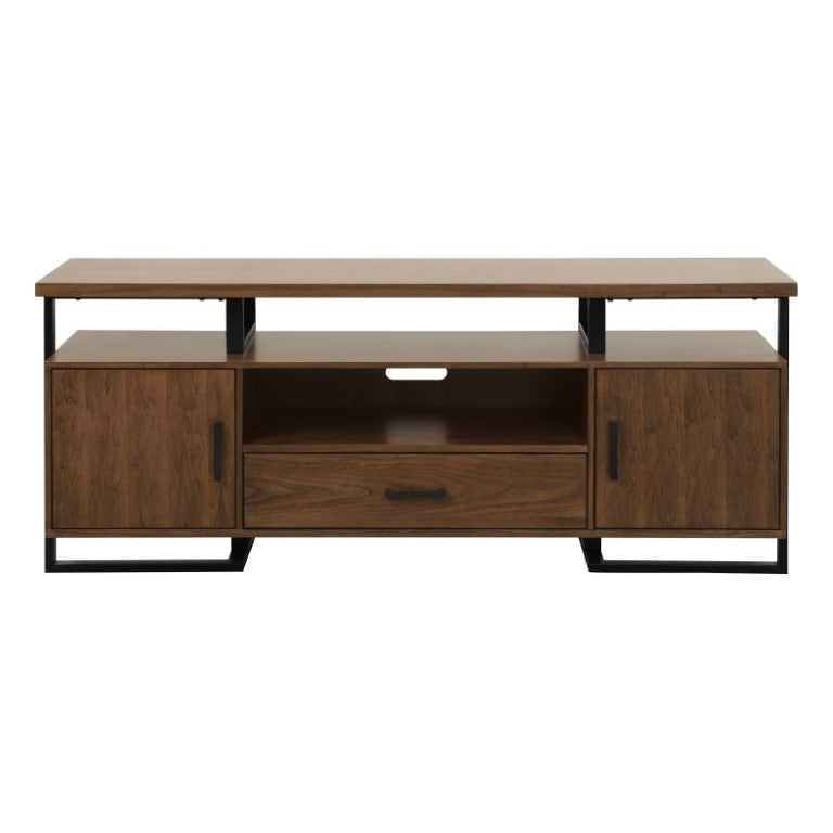 English Elm Tv Console with Walnut Veneer Panels and Rustic Black Metal Frame for Living Rooms B011P581897