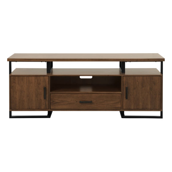 English Elm Tv Console with Walnut Veneer Panels and Rustic Black Metal Frame for Living Rooms B011P581897